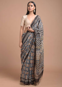 Airforce Blue Saree In Cotton With Block Printed Floral Jaal And Tussar Silk Pallu Online - Kalki Fashion