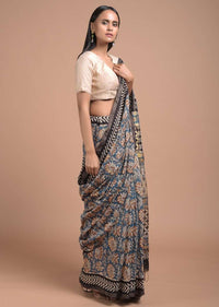 Airforce Blue Saree In Cotton With Block Printed Floral Jaal And Tussar Silk Pallu Online - Kalki Fashion