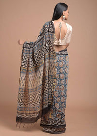 Airforce Blue Saree In Cotton With Block Printed Floral Jaal And Tussar Silk Pallu Online - Kalki Fashion