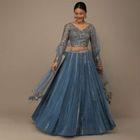 Airforce Blue Festive Sequins And Zari Embroidered Lehenga Set In Chinon