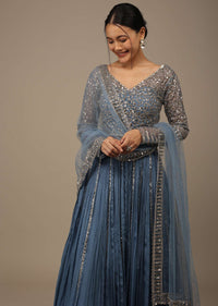 Airforce Blue Festive Sequins And Zari Embroidered Lehenga Set In Chinon