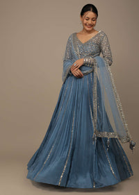 Airforce Blue Festive Sequins And Zari Embroidered Lehenga Set In Chinon