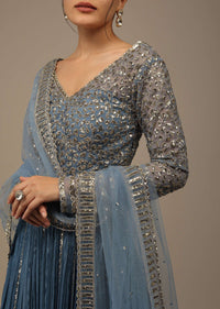Airforce Blue Festive Sequins And Zari Embroidered Lehenga Set In Chinon