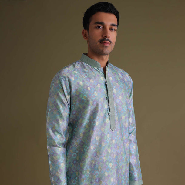 Airforce Blue Foil Printed Festive Kurta Set In Art Silk