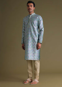 Airforce Blue Foil Printed Festive Kurta Set In Art Silk