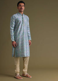 Airforce Blue Foil Printed Festive Kurta Set In Art Silk