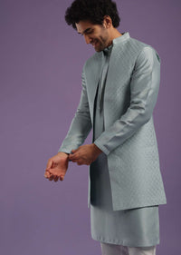 Airforce Blue Jacket Kurta Set In Silk With Resham And Thread Work
