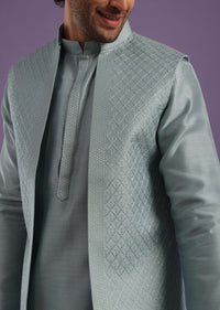 Airforce Blue Jacket Kurta Set In Silk With Resham And Thread Work