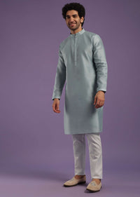Airforce Blue Jacket Kurta Set In Silk With Resham And Thread Work