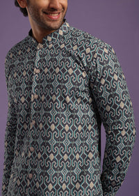 Airforce Blue Printed Kurta Set In Cotton