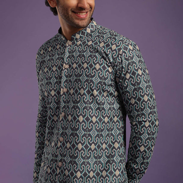 Airforce Blue Printed Kurta Set In Cotton