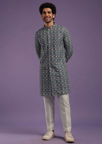 Airforce Blue Printed Kurta Set In Cotton