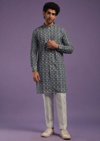 Airforce Blue Printed Kurta Set In Cotton