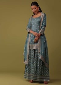 Airforce Blue Sequins Embroidered Kurti And Sharara Set In Silk