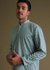 Airforce Blue Thread-Embroidered Festive Kurta Set In Silk With Motif Work