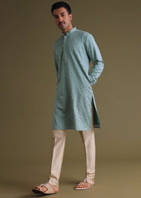 Airforce Blue Thread-Embroidered Festive Kurta Set In Silk With Motif Work