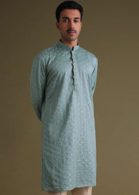 Airforce Blue Thread-Embroidered Festive Kurta Set In Silk With Motif Work