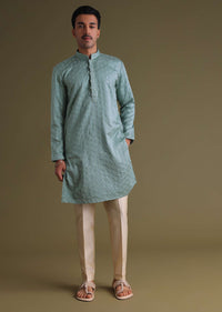 Airforce Blue Thread-Embroidered Festive Kurta Set In Silk With Motif Work