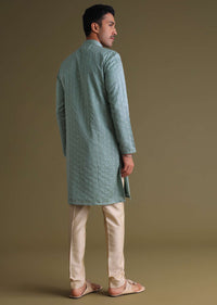 Airforce Blue Thread-Embroidered Festive Kurta Set In Silk With Motif Work