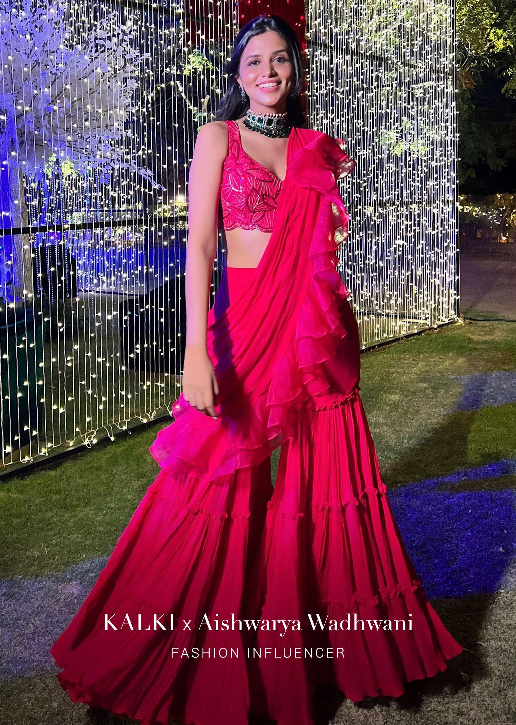 Hot Pink Crop Top Sharara Suit With An Attached Ruffle Draped And An Hand Embroidered Leaf Motifs