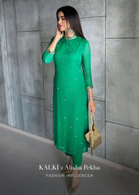 Jade Green Straight Cut Suit In Georgette With Sequin Embellished Buttis