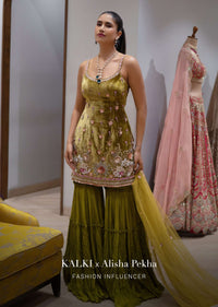 Moss Green Sharara Suit In Velvet With Multi Colored Hand Embroidery In Floral Motifs
