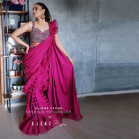 Alisha Pekha In Kalki Rani Pink Ready Pleated Striped Saree With Ruffles On The Border And A Heavily Embroidered Blouse