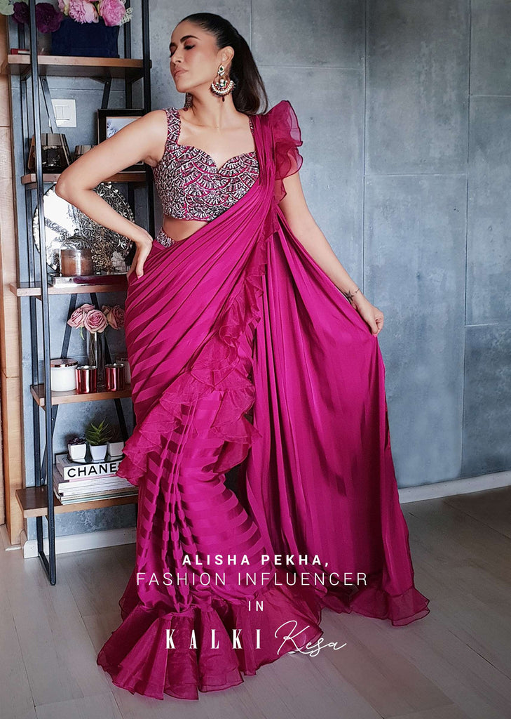Alisha Pekha In Kalki Rani Pink Ready Pleated Striped Saree With Ruffles On The Border And A Heavily Embroidered Blouse
