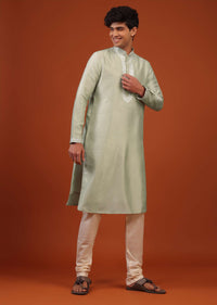 Aqua Green Silk Kurta Set With Gotta Embroidered Yoke