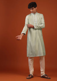 Aqua Green Silk Kurta Set With Gotta Embroidered Yoke