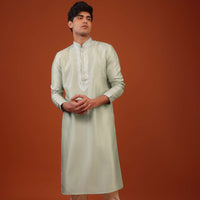 Aqua Green Silk Kurta Set With Gotta Embroidered Yoke