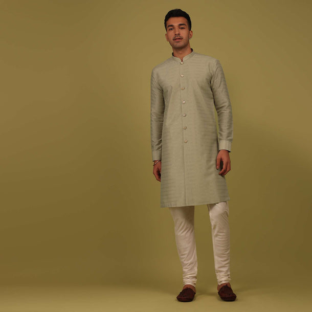 Moss Green Striped Art Silk Kurta