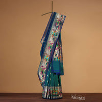 Alpine Green Banarasi Saree In Katan Silk With Paithani Pallu With Blue Shade And Unstitched Blouse