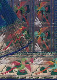 Alpine Green Banarasi Saree In Katan Silk With Paithani Pallu With Blue Shade And Unstitched Blouse