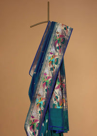 Alpine Green Banarasi Saree In Katan Silk With Paithani Pallu With Blue Shade And Unstitched Blouse