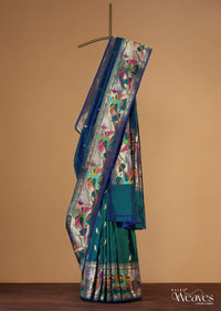 Alpine Green Banarasi Saree In Katan Silk With Paithani Pallu With Blue Shade And Unstitched Blouse