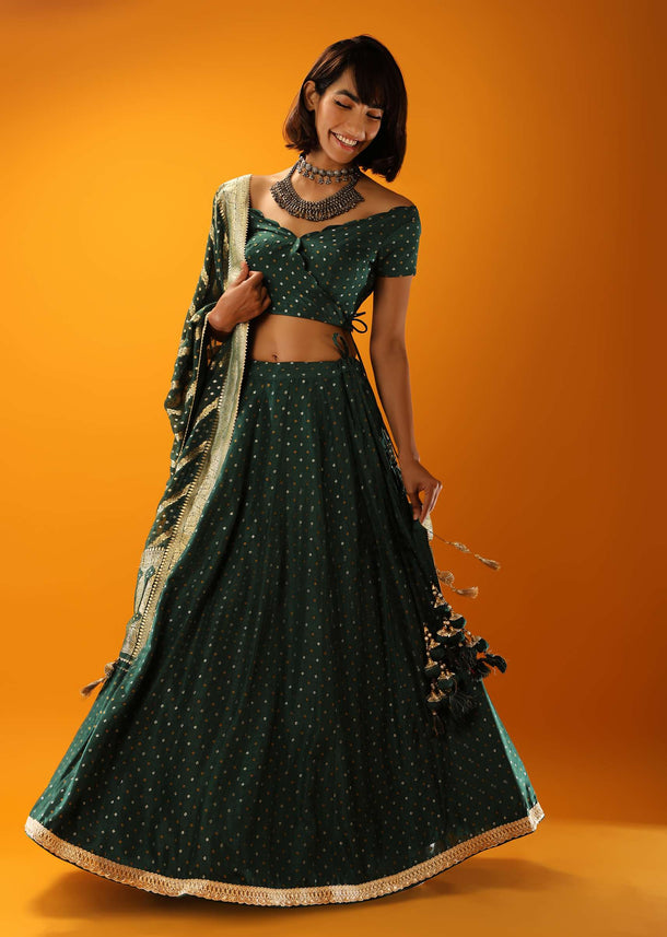 Alpine Green Lehenga In Brocade Silk With Woven Bandhani Design And Unstitched Blouse