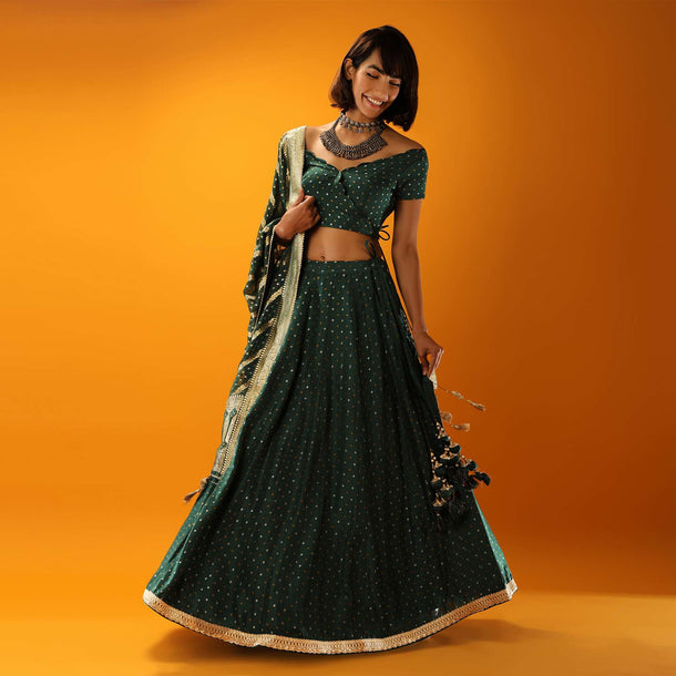 Alpine Green Lehenga In Brocade Silk With Woven Bandhani Design And Unstitched Blouse