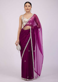 Burgundy Purple Saree In Organza With Embroidery