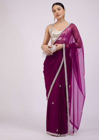 Burgundy Purple Saree In Organza With Embroidery