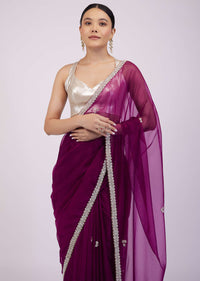 Burgundy Purple Saree In Organza With Embroidery