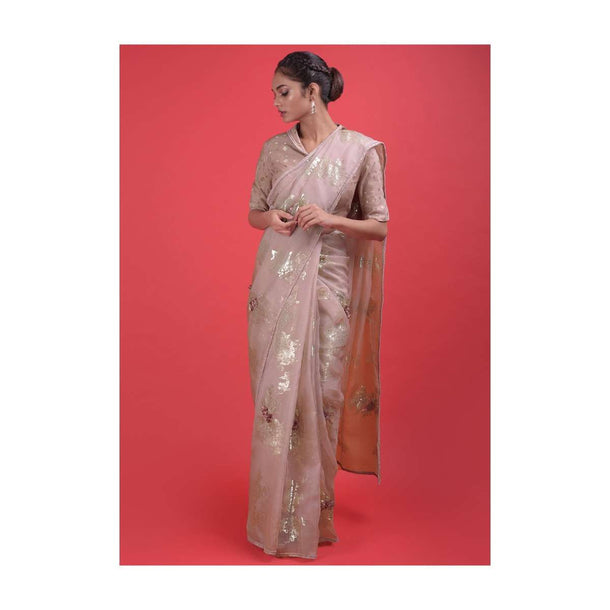 Amarnath Pink Saree In Organza Silk With Weaved Floral Motifs And 3D Flowers Online - Kalki Fashion