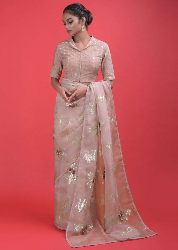 Amarnath Pink Saree In Organza Silk With Weaved Floral Motifs And 3D Flowers Online - Kalki Fashion