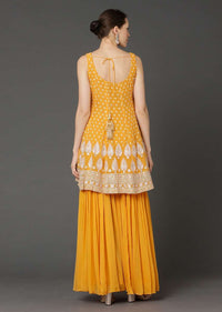 Amber Yellow peplum Suit In Georgette With Resham Work Buttis And Floral Pattern Online - Kalki Fashion