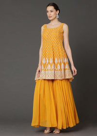 Amber Yellow peplum Suit In Georgette With Resham Work Buttis And Floral Pattern Online - Kalki Fashion