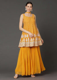 Amber Yellow peplum Suit In Georgette With Resham Work Buttis And Floral Pattern Online - Kalki Fashion