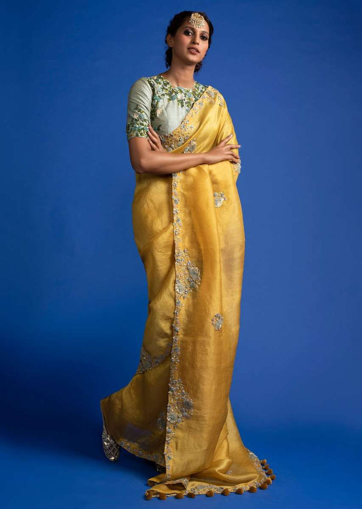 Amber Yellow Saree In Organza Silk With Thread, Zardosi And 3D Flowers Online - Kalki Fashion