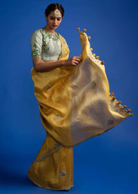 Amber Yellow Saree In Organza Silk With Thread, Zardosi And 3D Flowers Online - Kalki Fashion