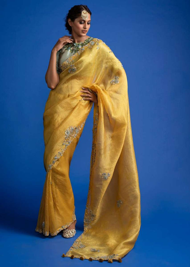 Amber Yellow Saree In Organza Silk With Thread, Zardosi And 3D Flowers Online - Kalki Fashion