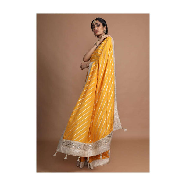 Amber Yellow Saree In Silk With Gotta Work Stripes And Border Online - Kalki Fashion